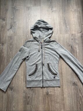 Twisted Heart Gray Hoodie Jacket with Embellished Pockets